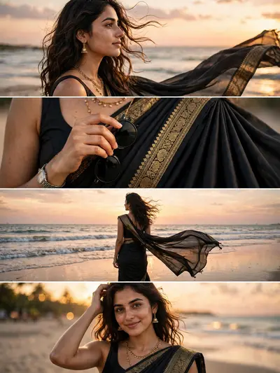 Ultra-realistic DSLR cinematic beach photoshoot collage featuring the same woman from the uploaded reference image. Preserve facial identity exactly