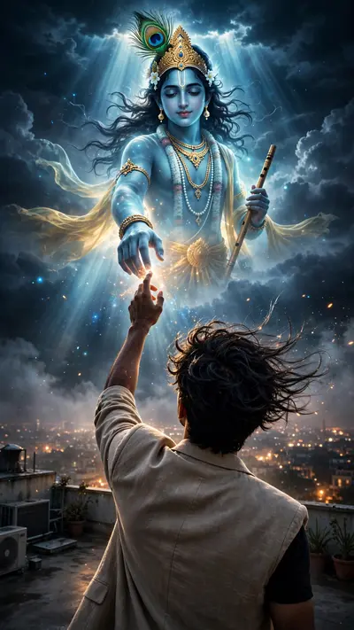 Ultra-realistic cinematic spiritual night photography of a young Indian person (male or female) standing alone on a rooftop terrace under a dark