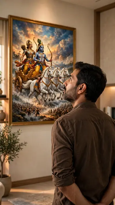 Transform the uploaded reference person into an ultra-realistic cinematic Bhagavad Gita inspired scene while preserving ONLY the exact facial