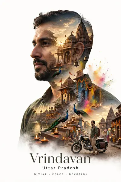 Create a cinematic double-exposure travel poster for “Vrindavan, Uttar Pradesh” using my uploaded photo. IMPORTANT: Keep the exact same face