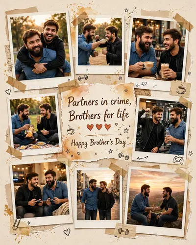 Ultra realistic cinematic Brother-Brother scrapbook collage using the TWO uploaded reference photos ONLY. Preserve the EXACT facial identity, skin