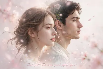 A soft romantic double exposure portrait of a young man and woman, artistically blended together. The woman is on the left side in side profile
