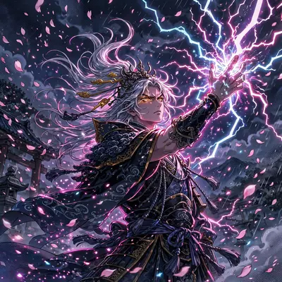 manga-inspired anime style with screentone accents anime scene: a thunder god hurling crackling lightning, surrounded by swirling petals and drifting