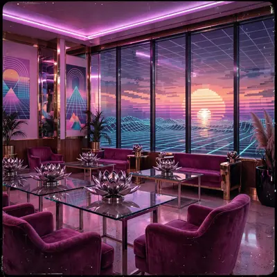 An empty 80s hotel lounge bathed in neon, chrome lotus sculptures on glass tables, floor-to-ceiling windows showing a pixel sunset over a grid ocean