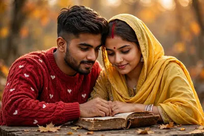 A warm, cinematic portrait of a young Indian couple sitting at a rustic wooden table outdoors. The man on the left is wearing a textured red sweater