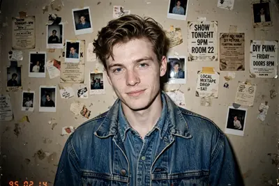 A young man with the same unchanged face and pale, soft complexion, captured in a raw 90s disposable snapshot. Modern hairstyle, faint smirk. He’s