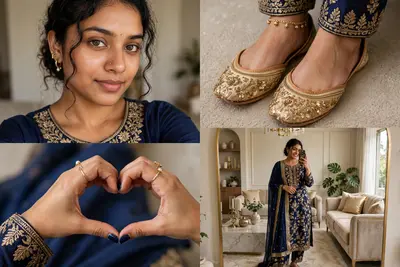 An indoor mirror selfie 4-panel collage of a beautiful Indian woman in a navy blue and gold Zari embroidered kurta set. Panels show her face