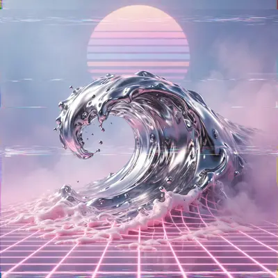 Metallic chrome ocean waves frozen mid-curl under a striped pastel sun, vaporwave 3D render, pink foam dissolving into grid lines, serene