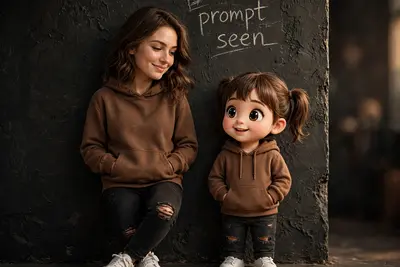 cinematic portrait: young girl as his miniature version. Side by side against textured dark wall, handwritten "prompt seen" text. Both in matching