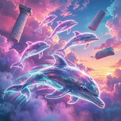 A pod of translucent neon dolphins swimming through a sunset sky filled with floating Greek columns, vaporwave digital painting, VHS grain, magenta