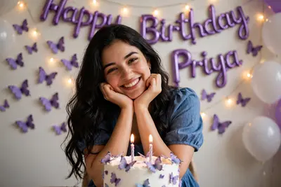 Create A medium shot shows a young woman (as attached image) with long, dark, wavy hair, smiling and resting her head on her hands. She is wearing a