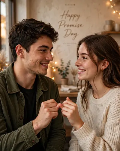 Ultra-realistic romantic Promise Day (Valentine's Week) couple portrait, intimate cozy indoor café or elegant lifestyle setting with warm soft