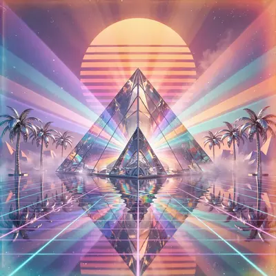 A glass pyramid refracting a giant retro sun into pastel beams, surrounded by chrome palm trees on a mirrored plaza, vaporwave 3D scene, soft