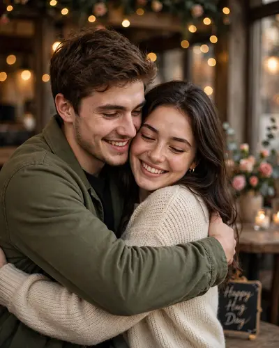 Ultra-realistic romantic Hug Day (Valentine's Week) couple portrait, warm cozy indoor café or romantic lifestyle setting, soft golden ambient