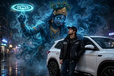 A high-quality cinematic photo of a young man in a modern streetwear jacket and jeans leaning against a white SUV. Behind him, a massive, towering