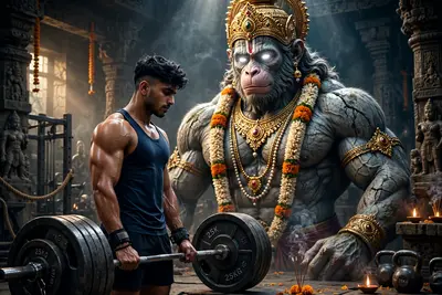 Hyper-realistic cinematic mythological gym scene shot from a side angle. A young South Asian lifter stands beside a heavily loaded barbell, body
