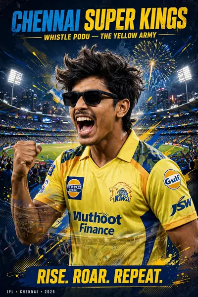 A high-quality sports poster featuring a young South Asian man with quiff-style, tousled mid-length black hair and a light mustache, wearing