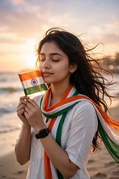 A serene patriotic scene of a young Indian woman standing on a beach. Soft golden sunlight behind her creating a gentle warm glow and silhouette