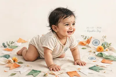 A soft pastel-style realistic image of an Indian baby girl crawling on the floor, tricolor decorations around, Ashoka Chakra subtly visible, joyful