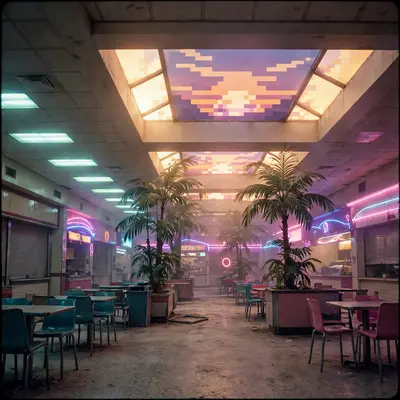 A deserted mall food court at closing time, neon signs buzzing, plastic palm plants under skylights showing a pixelated sunset, vaporwave liminal