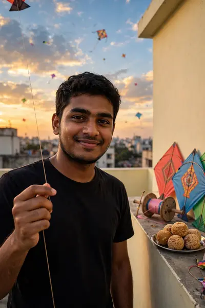 Use the uploaded photo as an accurate reference for the face. Create a very realistic image of a young 25 Indian boy standing on a rooftop. The