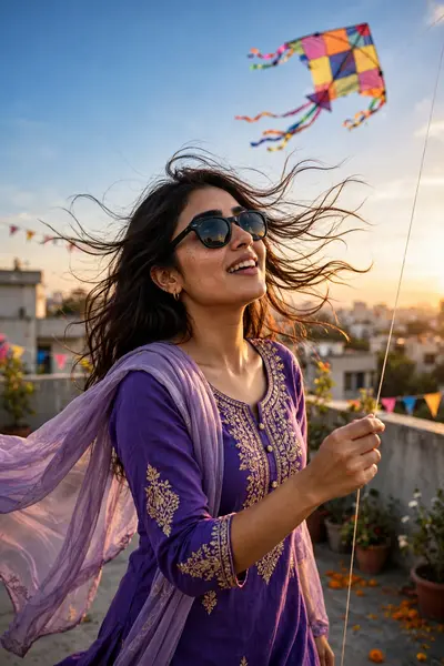 Cinematic festival-style portrait of a young woman flying a colorful kite under blue sky. Rooftop background, wind-blown hair, warm sunset glow