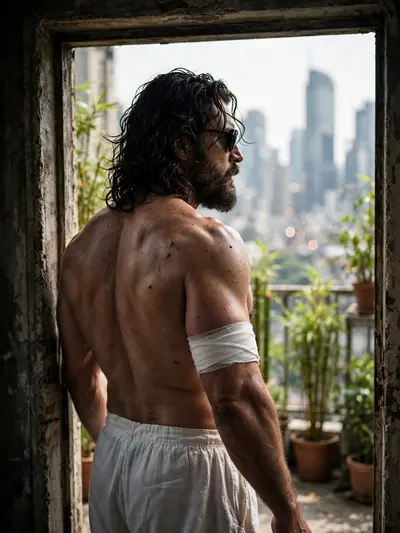 A hyper-realistic, cinematic wide shot from behind of a rugged, muscular man with long dark wavy hair and a beard, standing in a doorway leading to a