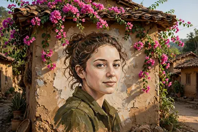 Turn the uploaded photo into a large, hand-painted mural on a rustic village wall with Brush paining effect. Preserve the exact face and expression