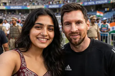 A hyper-realistic, cinematic smartphone selfie taken by a female fan standing next to Lionel Messi. **The Fan (Subject A):** A young Indian woman