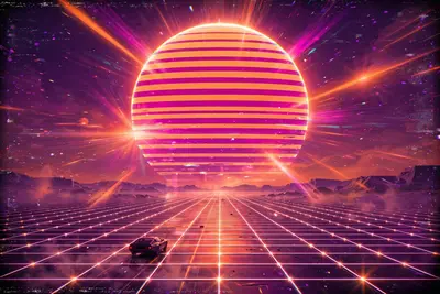 A colossal striped sun dominating the sky over a chrome grid desert, a lone sports car silhouette driving toward it, classic vaporwave poster, VHS