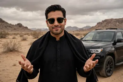 A man with medium skin tone, dark, neatly styled hair, wearing black sunglasses with gold frames, dressed in a black traditional kurta with a high