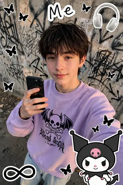 using reference image Aesthetic street style photo of a young boy (e-boy look) wearing an oversized pastel purple graphic sweatshirt and light baggy