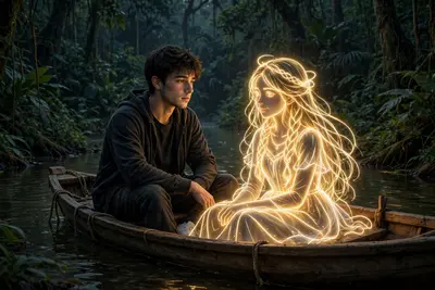 young me walks alone on a dimly lit path at night, wearing dark casual clothes and white sneakers. Beside him appears a Golden glowing, neon-style