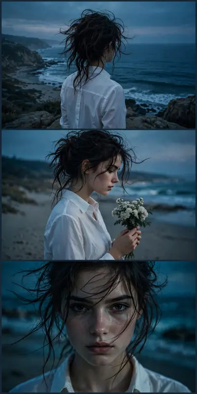 A split image showing three panels. The subject is a young, attractive woman with dark, messy hair, wearing a white button-down top on a beach at