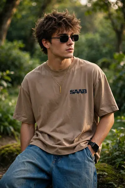 A stylish young man with messy volume hair, posing outdoors in a vibrant natural setting. He's wearing an oversized light brown T-shirt with a 'SAAB'