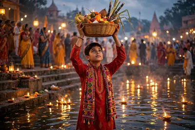 A cinematic photo of a boy celebrating Chhath Puja at the ghats, standing in the same position with a traditional red kurta and colorful embroidered