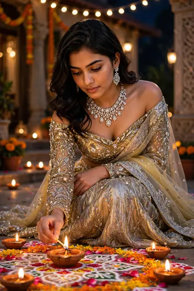 Do not change my face and Do not change my face at all and create Ultra realistic HD Diwali festival scene, a beautiful young girl. She's wearing an