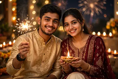 Ultra-realistic DSLR festive close-up portrait of the same young Indian couple (faces, hairstyles, and features must remain 100% identical to the