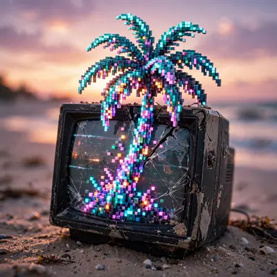 A palm tree made of glowing pixels growing from a cracked CRT monitor on a beach at sunset, vaporwave digital art, gradient sky, VHS grain, hopeful