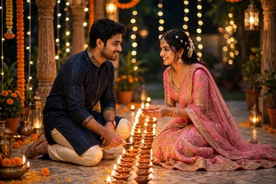 An ultra-realistic, cinematic full-body portrait of a handsome young Indian man and his beautiful girlfriend. They are lovingly kneeling together