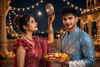 Ultra hyper-realistic DSLR cinematic half-body portrait of a 20-year-old slim-fit Indian couple on a luxurious royal terrace at night, celebrating