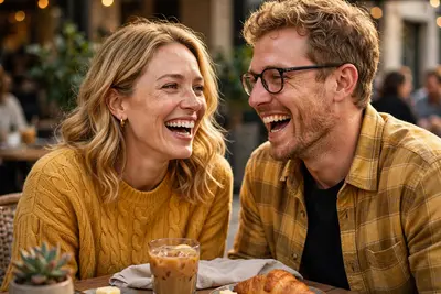 sweet candid moment where the husband and wife (both faces resembling the uploaded photos) are laughing out loud together about something. This