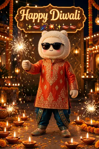 Hyper-realistic full-body portrait of a stylish young man celebrating Diwali. Wearing vibrant kurta and ethnic pants, he lights sparkling fireworks