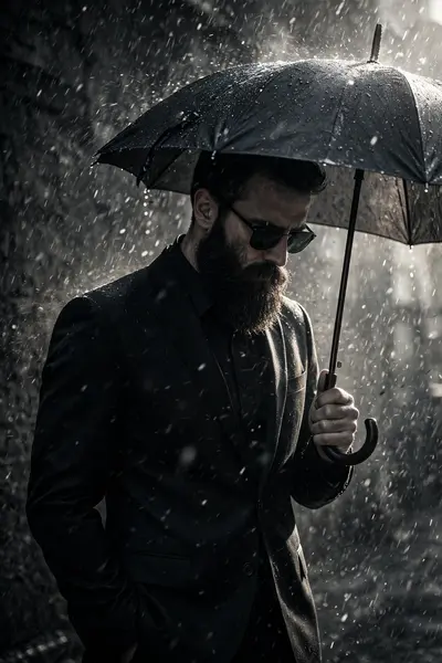 A dramatic, low-key, monochromatic portrait of a man in a sharp black suit and a black shirt, standing in what appears to be heavy rain or snow. The