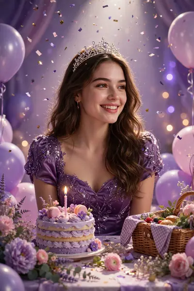 BEAUTIFUL YOUNG WOMAN (USED UPLOADED PHOTO REFERENCE) IN A GLAMOROUS PURPLE DRESS, WEARING A SPARKLING TIARA, SITTING AT A DECORATED PARTY TABLE WITH