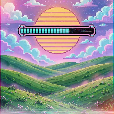 A retro computer desktop wallpaper come to life: rolling green hills, blocky clouds, a striped sun with a loading bar across it, vaporwave