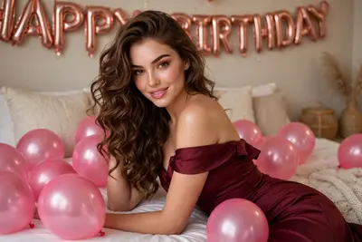 A BEAUTIFUL YOUNG WOMAN WITH LONG, VOLUMINOUS WAVY BROWN HAIR STYLED IN LOOSE CURLS SITS ON A WHITE BED IN A COZY INDOOR ROOM. SHE IS WEARING AN
