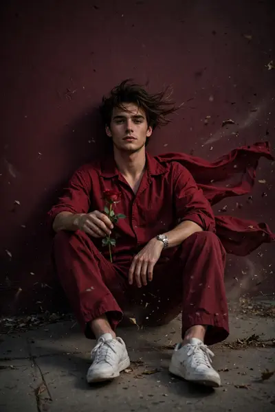 A full-body, camera look-angle portrait of a handsome 22-year-old boy, approximately 5'5" tall. He is sitting on the ground in a stylish pose against