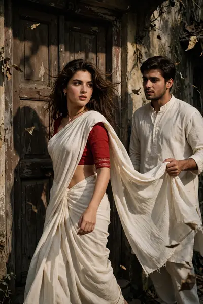 Create a retro, vintage-inspired image - grainy yet bright - based on the reference picture. The girl should be draped in a perfect off-white cotton