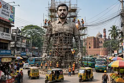 Create a giant hyper-realistic statue based on the given photo, keeping the original face exactly the same without changes. The statue stands tall in